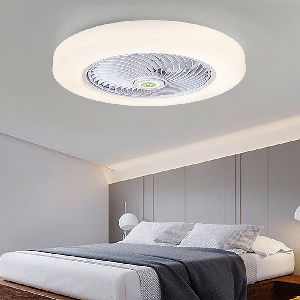 Modern Flush Mount Bladeless Enclosed Ceiling Fan with Round Bright LED Lighting and Remote