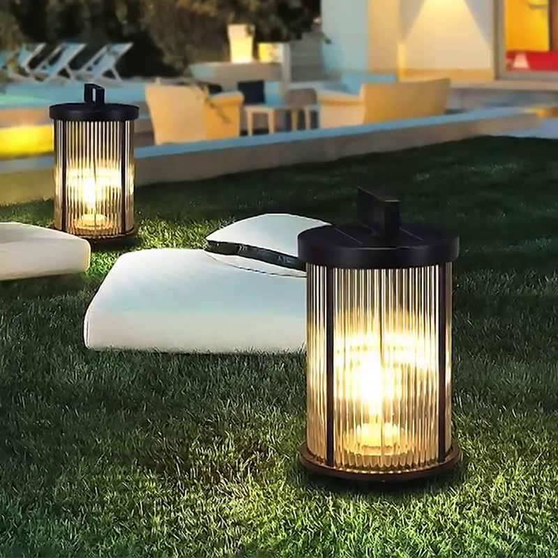 [Open-Box] Striped Glass Cylindrical Waterproof Portable Solar Outdoor Lanterns