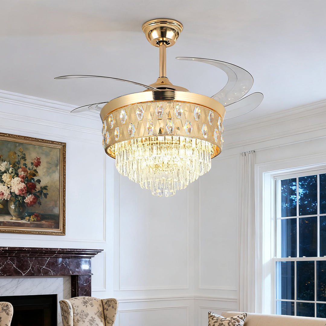 Ceiling Fans with Crystal Lights Luxury Gold Iron with Crystal Pendant