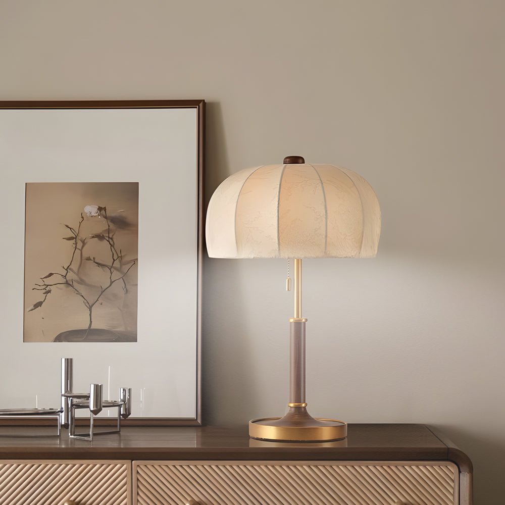 Fabric Table Lamp Vintage Brass Dome Pull Chain Light