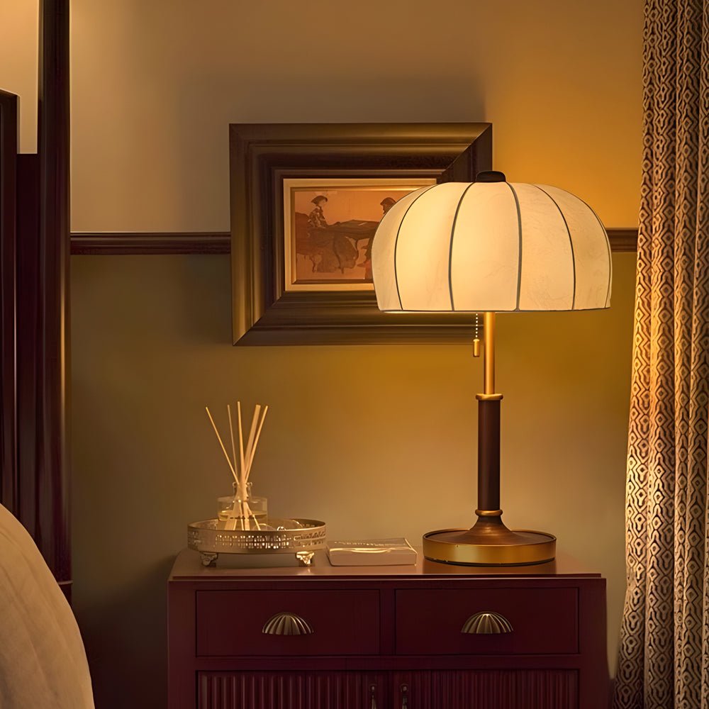Fabric Table Lamp Vintage Brass Dome Pull Chain Light