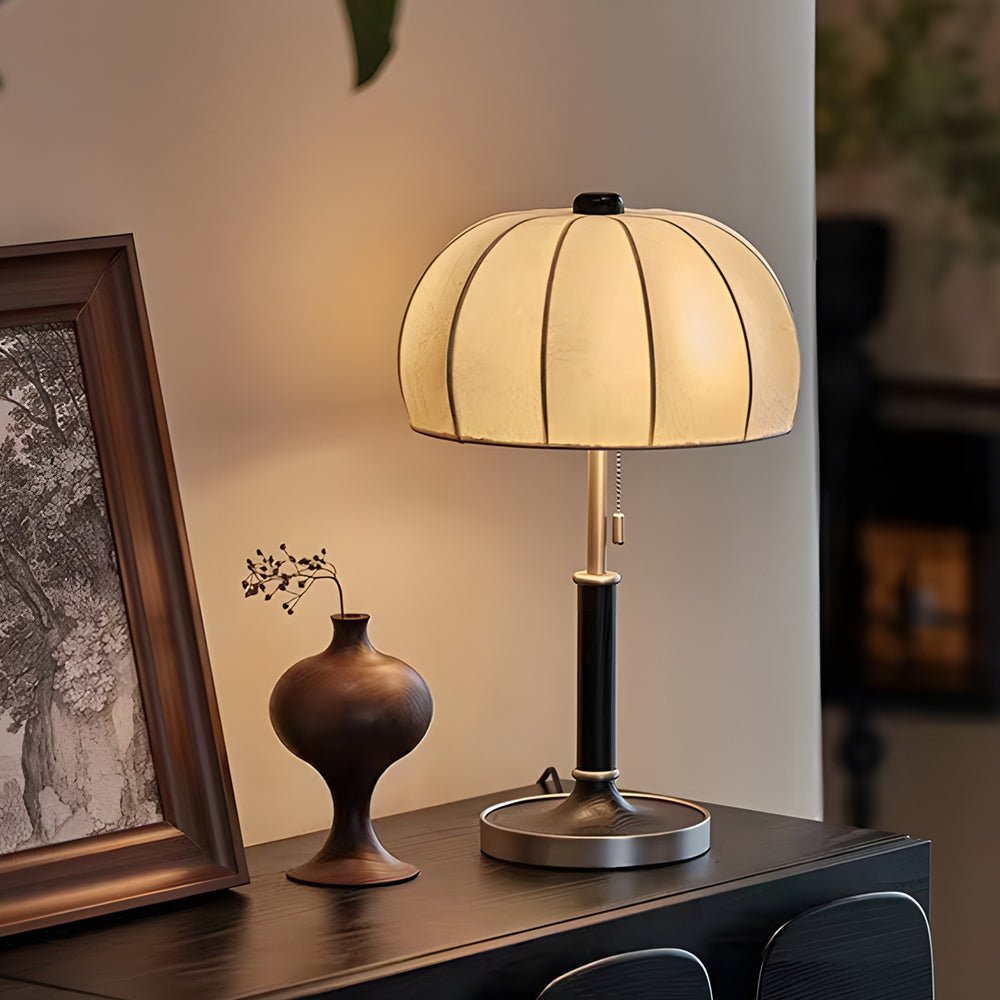 Fabric Table Lamp Vintage Brass Dome Pull Chain Light
