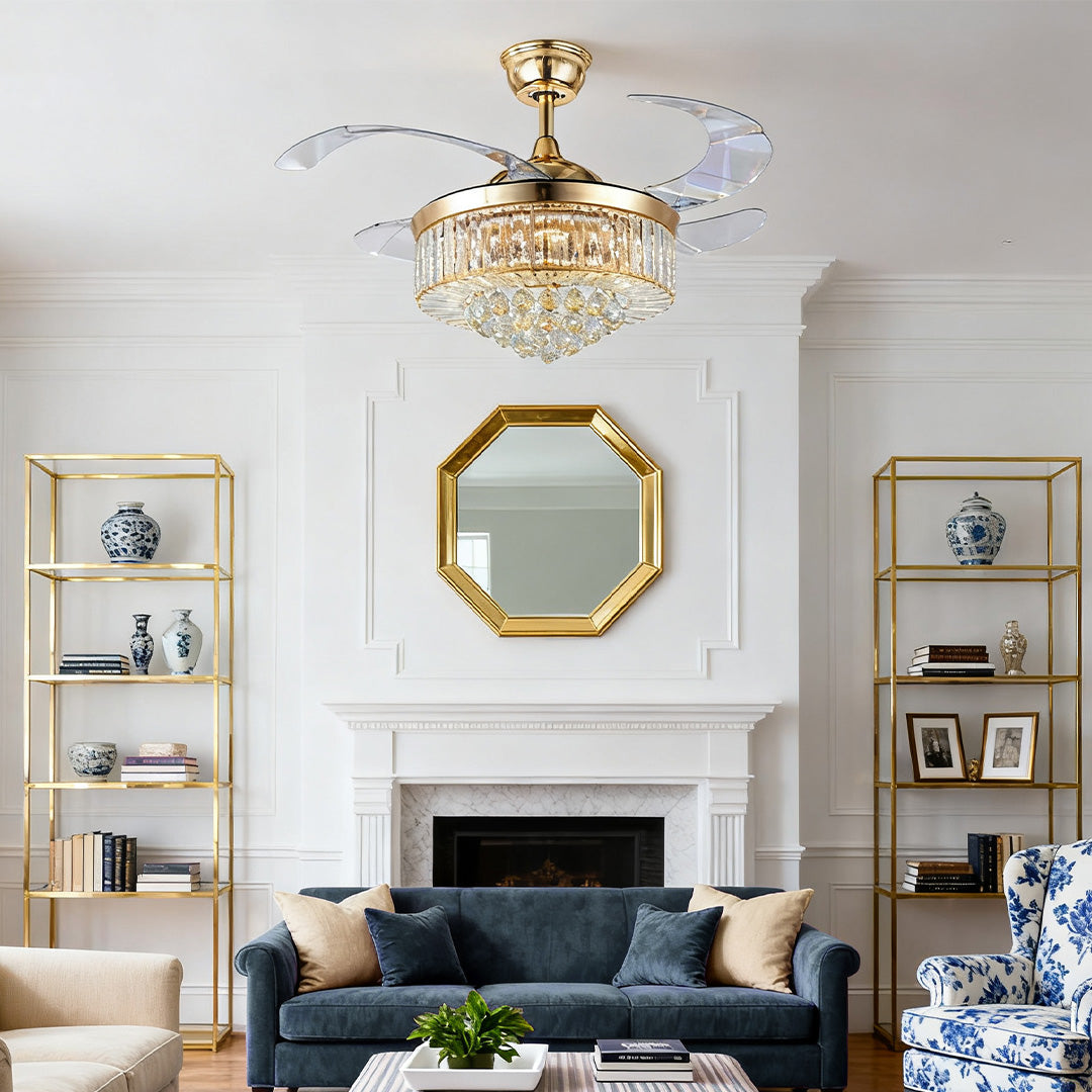 Crystal Ceiling Fans with Lights European Style Gold Iron Luxury Fan