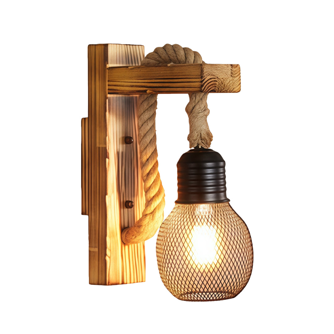 Rustic Wall Lights Iron Art Hemp Rope and Wood Art Lamp