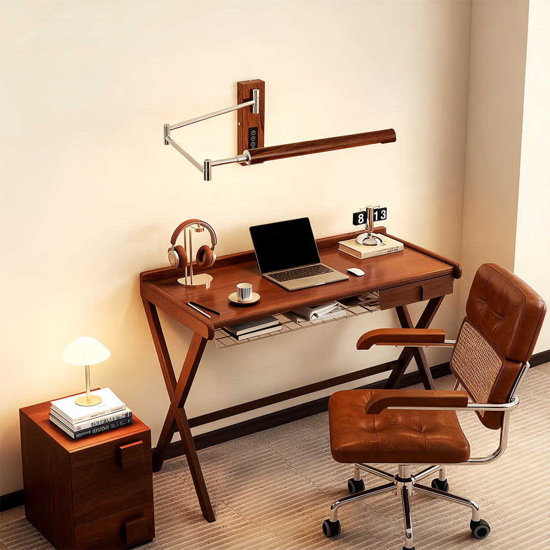 Swing Wall Light Mid-Century Iron Walnut LED Arm Lamp
