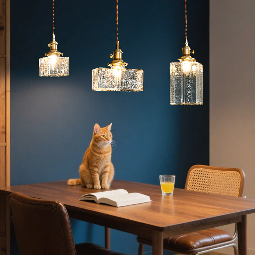 Square Glass Pendant Light Vintage Brass and Glass Ceiling Light