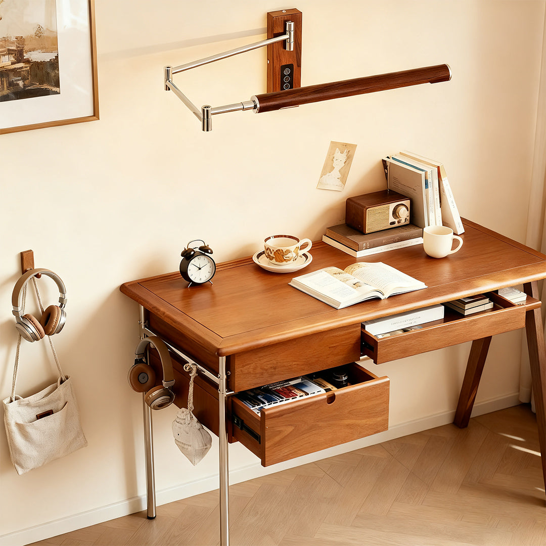 Swing Wall Light Mid-Century Iron Walnut LED Arm Lamp