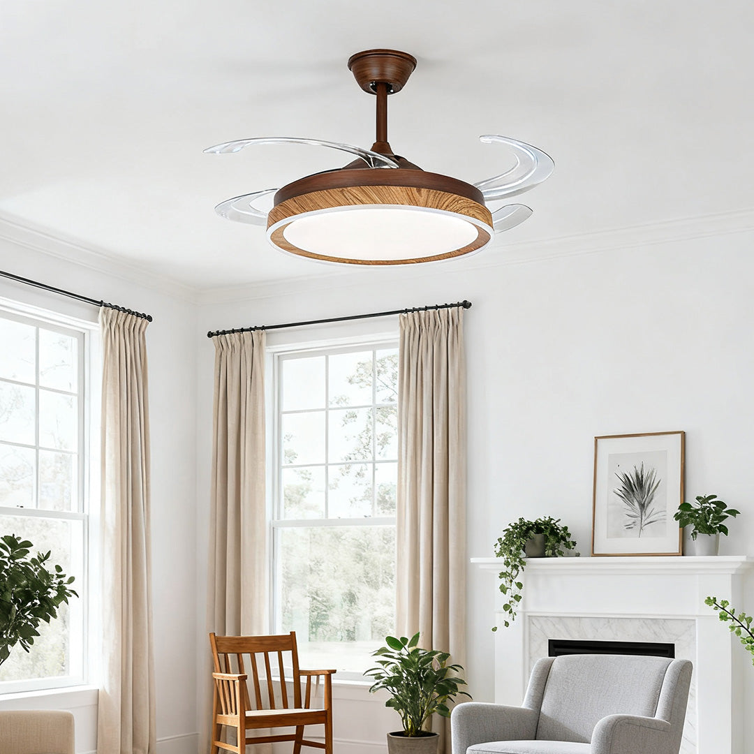 Ceiling Fan with 4 Lights Walnut Wood Grain Iron Body Silent Lamp