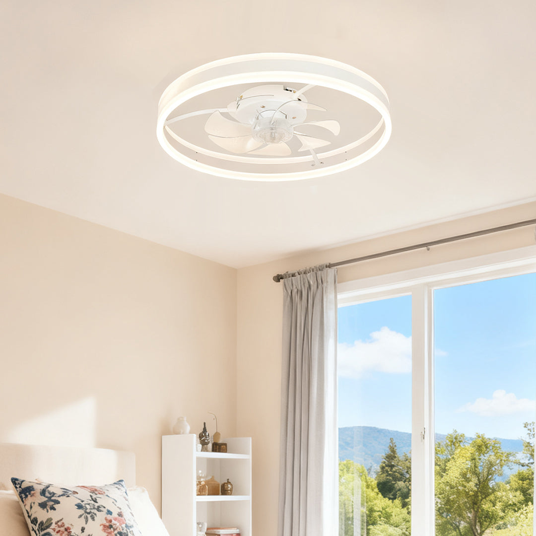 Modern White Ceiling Fan with Light Round Ring White Plastic Lamp
