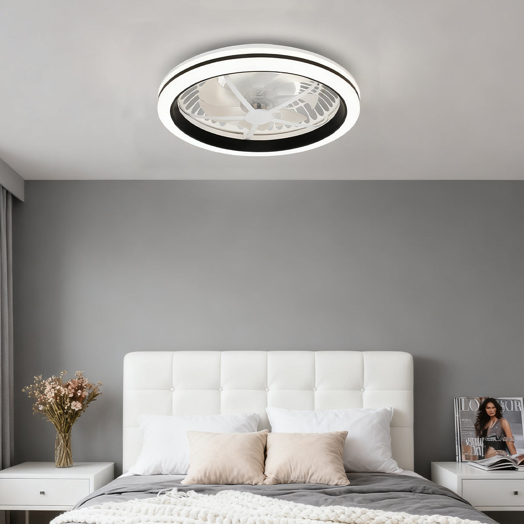 White Flush Mount Ceiling Fan with Light Plastic Round Design Lamp