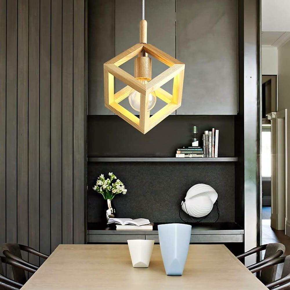 Adjustable Wood Square Pendant Light Modern Hanging Ceiling Lights