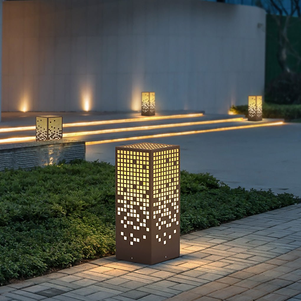 High-End Stainless Steel Outdoor LED Light with Unique Square Pattern for Elegant Bollard Lights