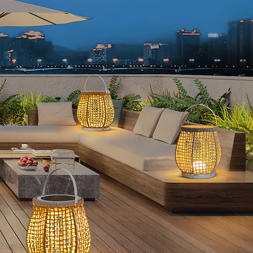 Woven Outdoor Lanterns Stylish with Handle Portable Patio Floor Lamp
