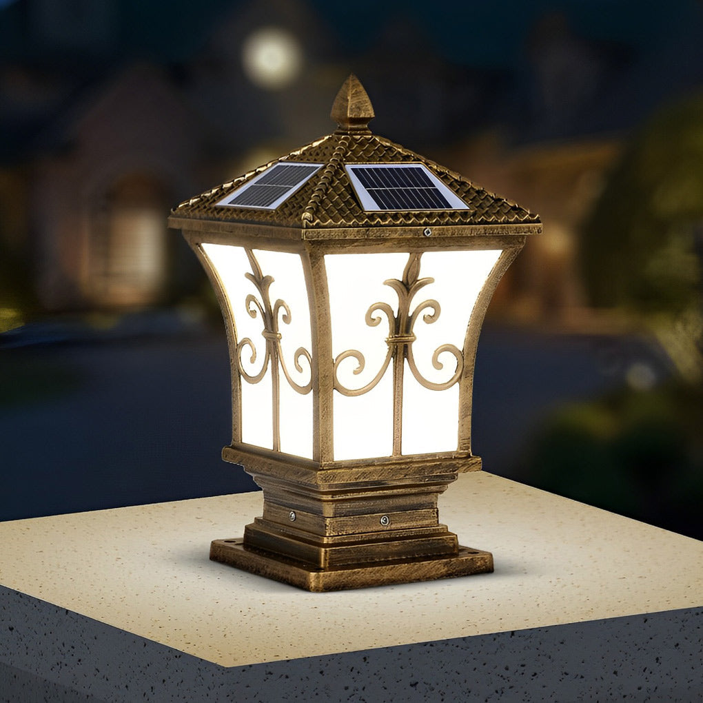 Pillar Lantern Lights Vintage Pattern Waterproof Solar Light