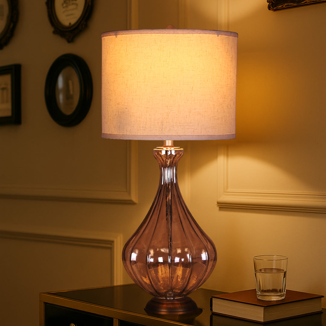 Glass Base Table Lamp with Sculptural Classic Linen Shade Light