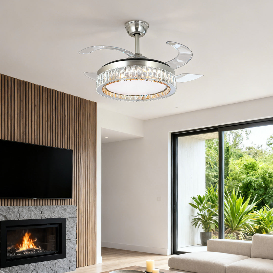 Crystal Ceiling Fan with Light Remote Controlled Luxury Nickel Lamp