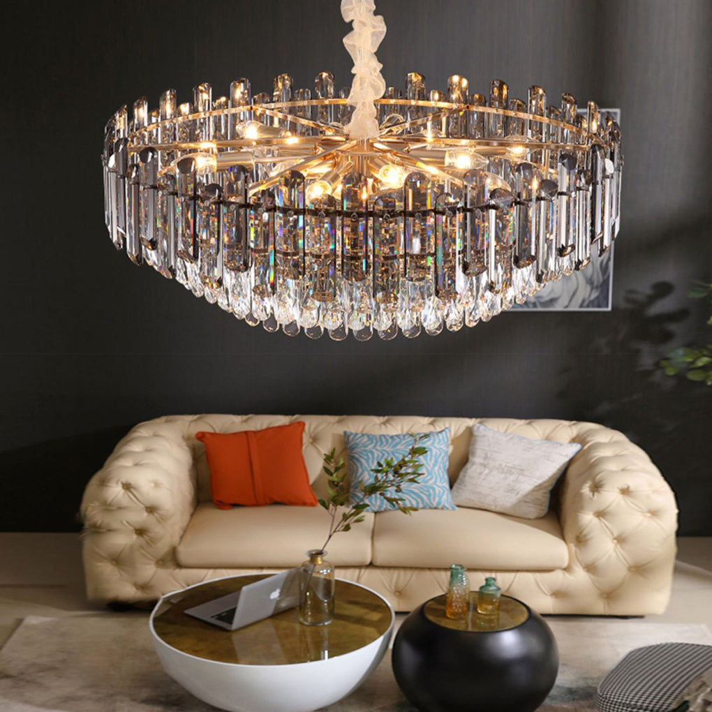 Round Drum Crystal Chandelier Modern Metal Ceiling Light