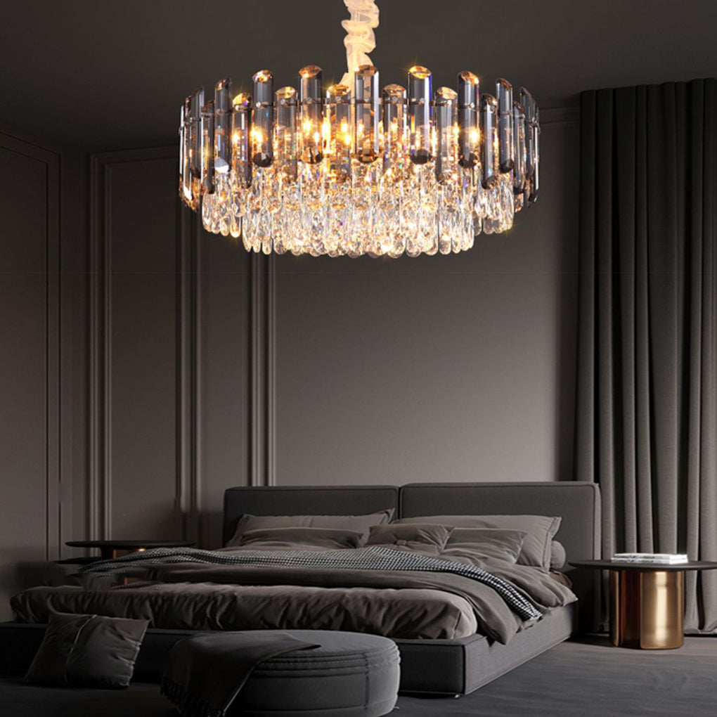 Round Drum Crystal Chandelier Modern Metal Ceiling Light