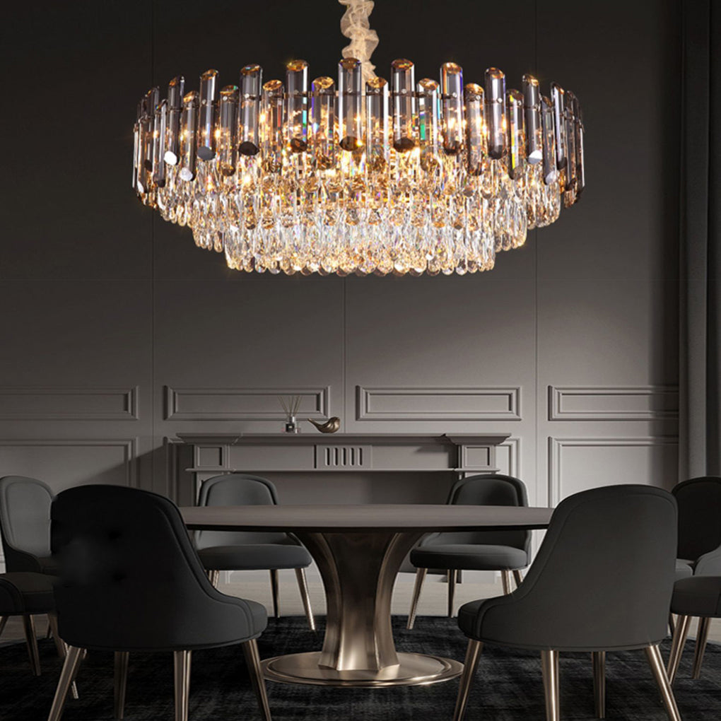 Round Drum Crystal Chandelier Modern Metal Ceiling Light