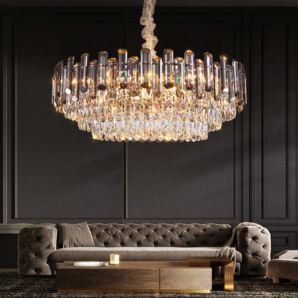 Round Drum Crystal Chandelier Modern Metal Ceiling Light