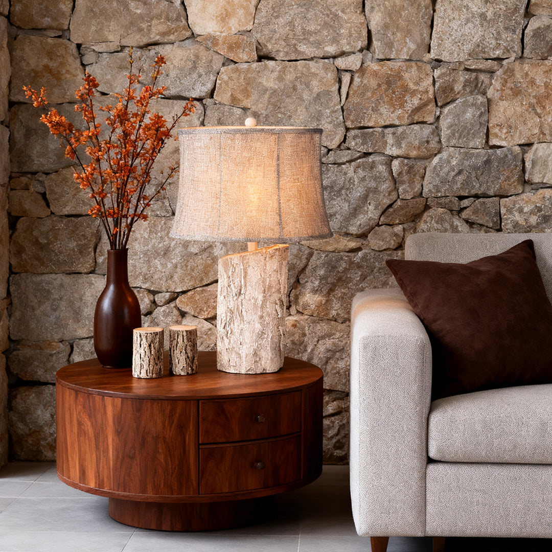 White Wood Table Lamp Realistic Bark Fabric Shade Ambient Lamp
