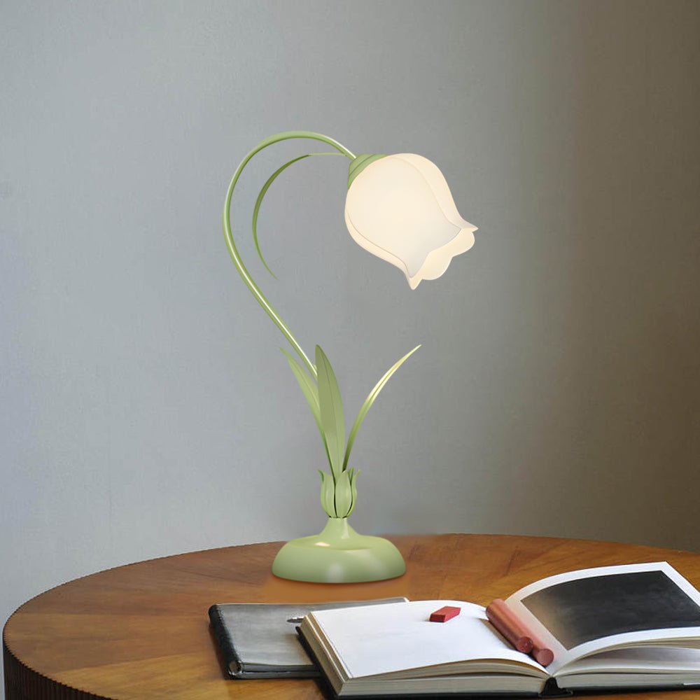 Rustic Green Desk Lamp with White Floral Shade and 3-Step Dimming for Home Office