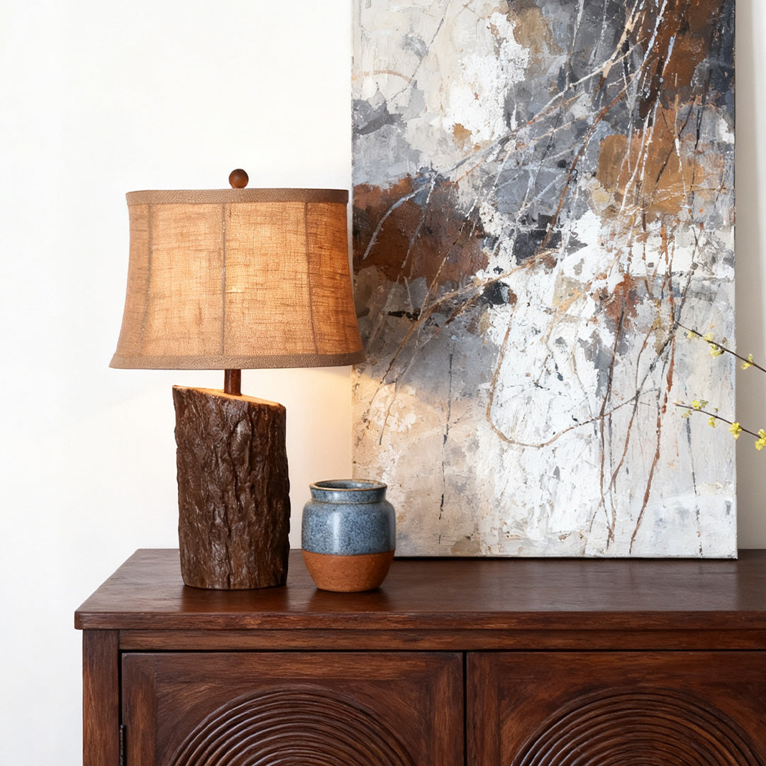 Faux Wood Table Lamp Bark-Textured Fabric Shade Nightstand Light