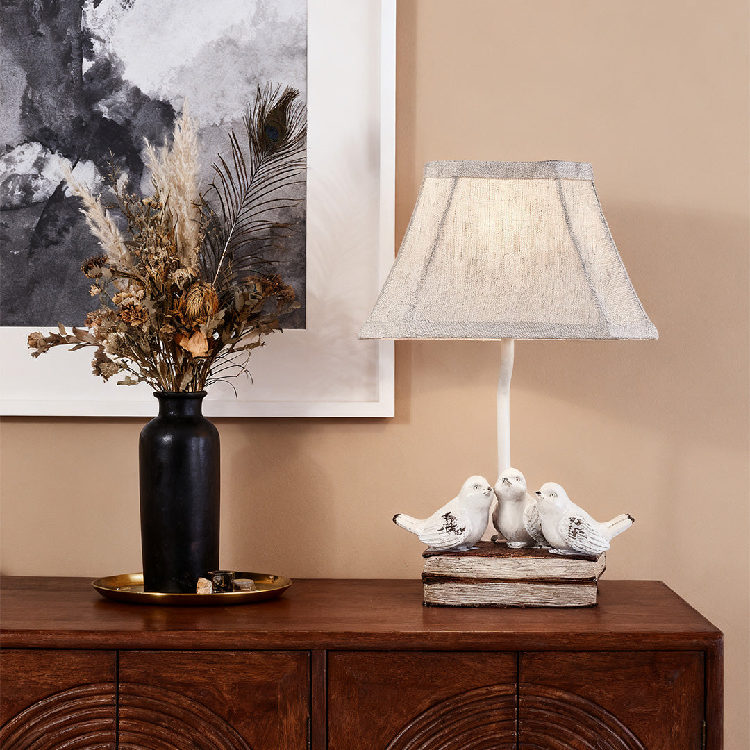 Small Bird Table Lamp French Perched on Stacked Books Fabric Light