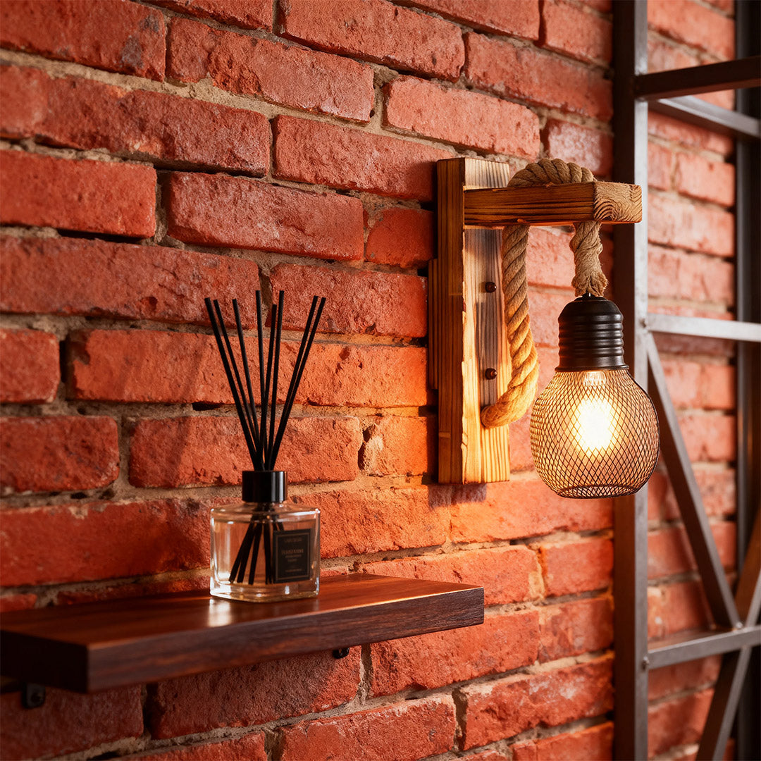 Rustic Wall Lights Iron Art Hemp Rope and Wood Art Lamp