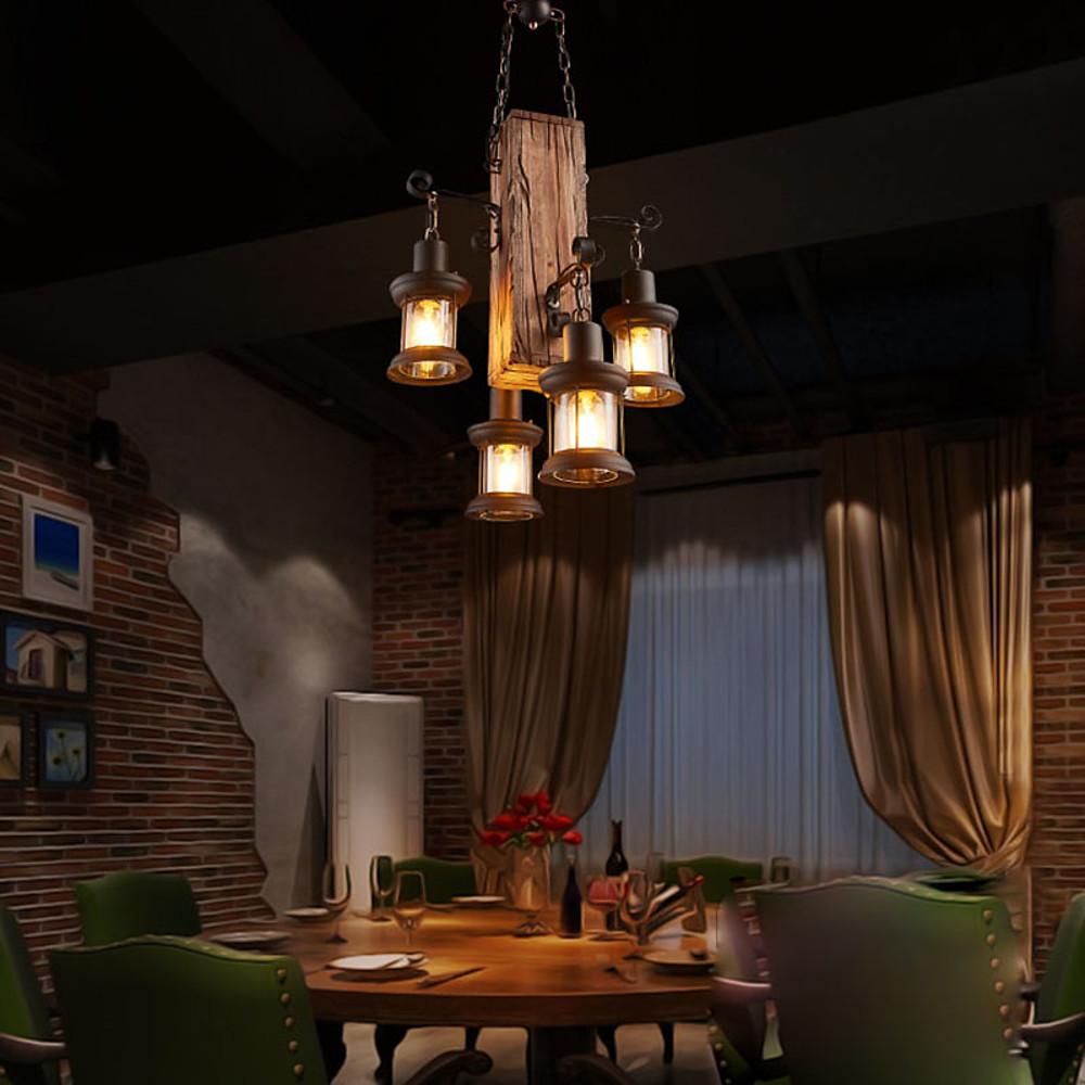 Rustic Wood Chandelier Classic Country Style 4-Light Lantern Lamp