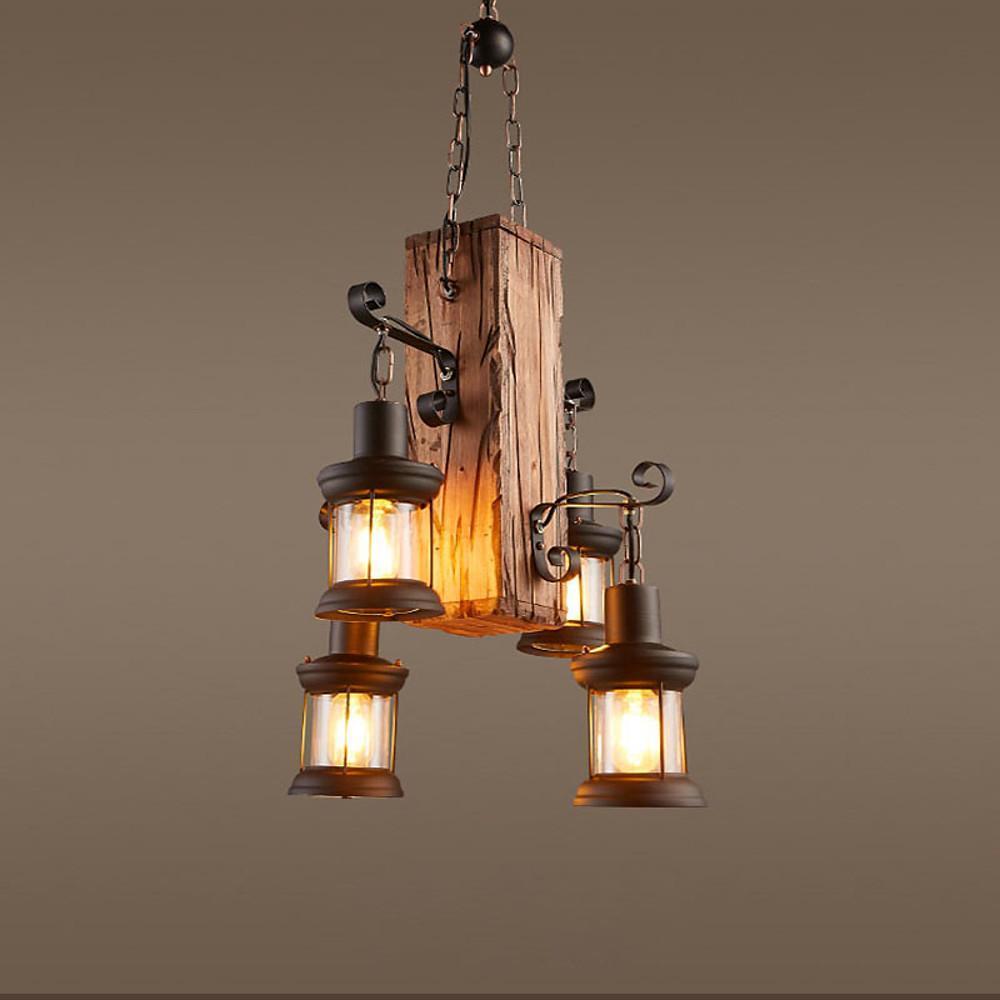 Rustic Wood Chandelier Classic Country Style 4-Light Lantern Lamp