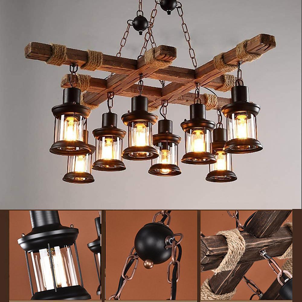 Rustic Wood Chandelier Vintage Unique LED Ceiling Light