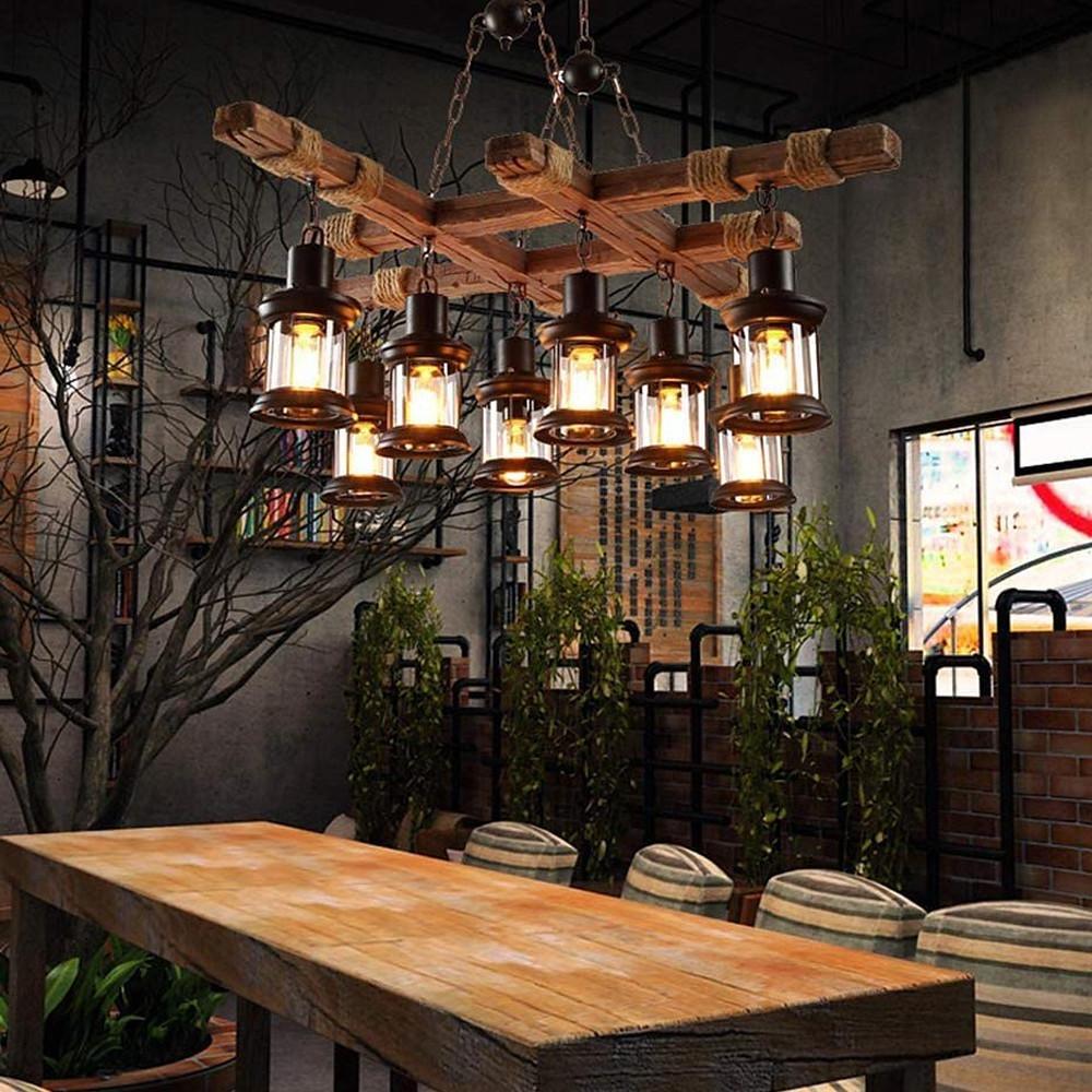Rustic Wood Chandelier Vintage Unique LED Ceiling Light