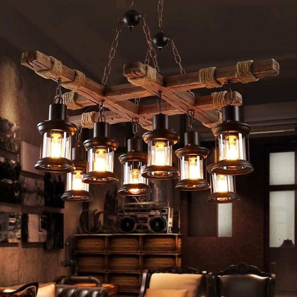 Rustic Wood Chandelier Vintage Unique LED Ceiling Light