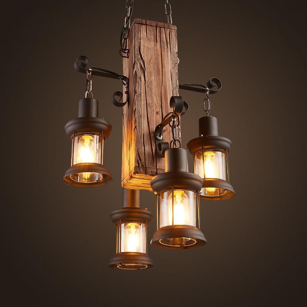Rustic Wood Chandelier Classic Country Style 4-Light Lantern Lamp