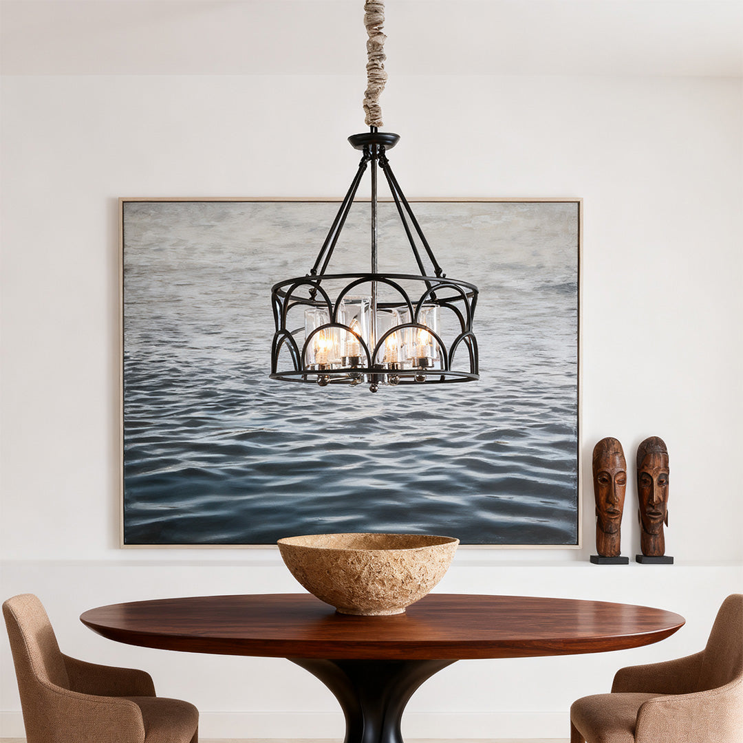 Chandelier with Black American Vintage Metal and Glass Ceiling Light