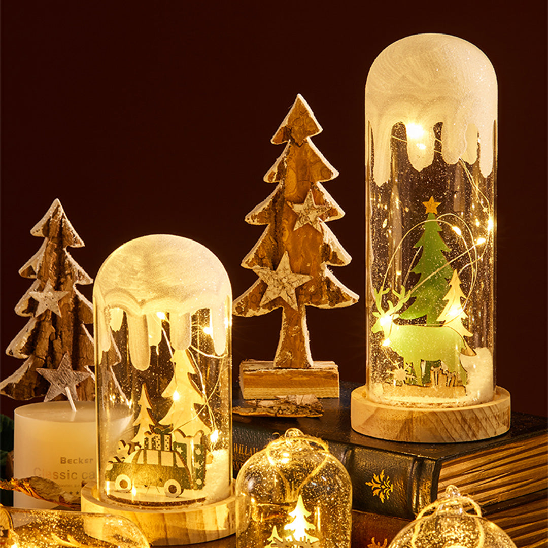 Christmas Decoration Wooden Glass Snow Scene Ornament Lamp