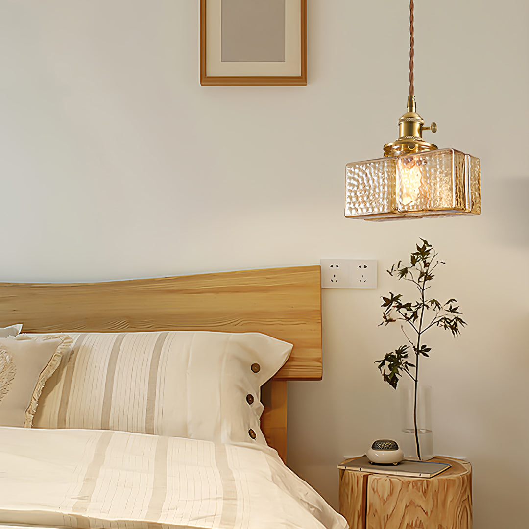 Square Glass Pendant Light Vintage Brass and Glass Ceiling Light
