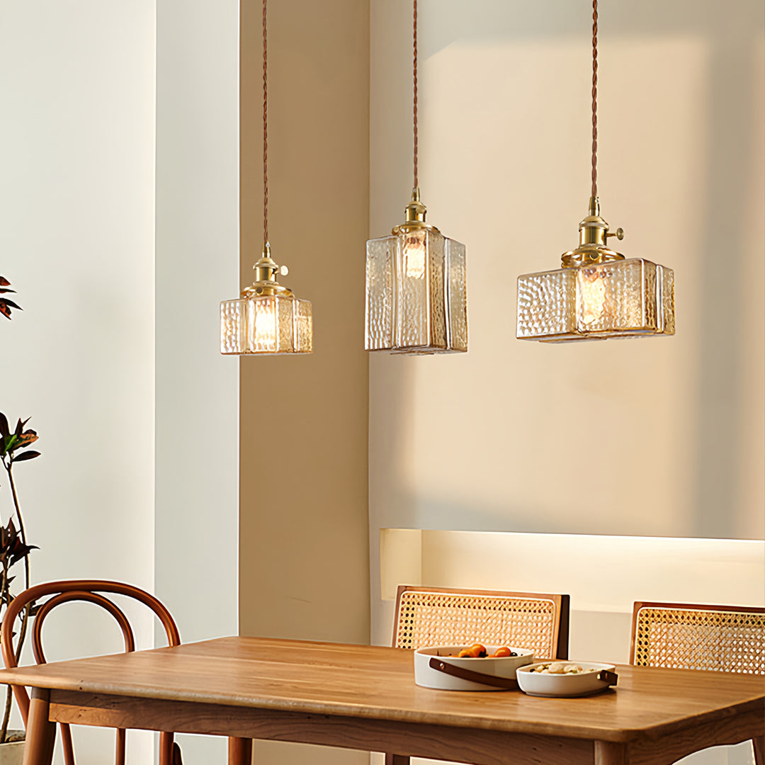 Square Glass Pendant Light Vintage Brass and Glass Ceiling Light
