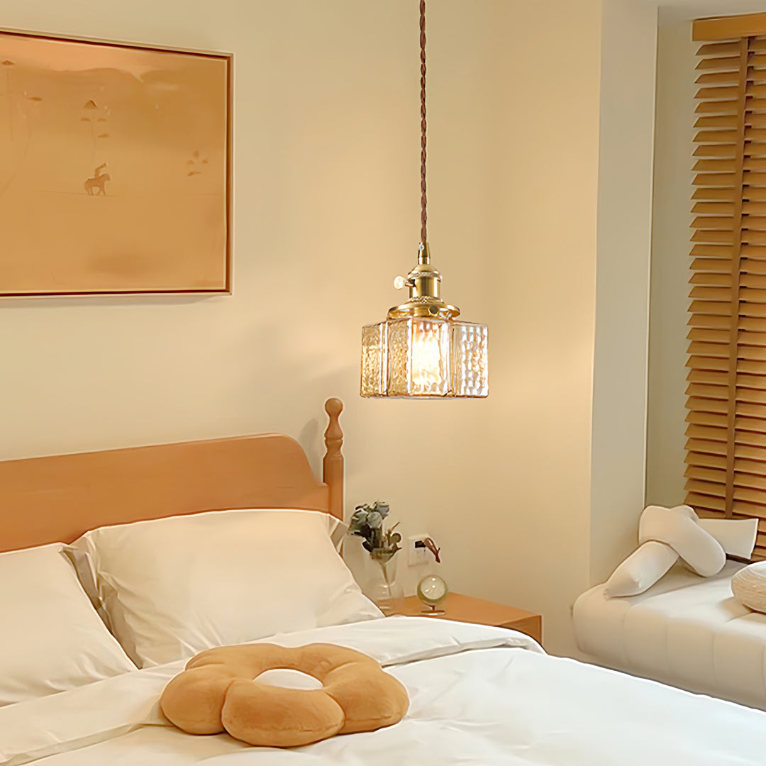 Square Glass Pendant Light Vintage Brass and Glass Ceiling Light