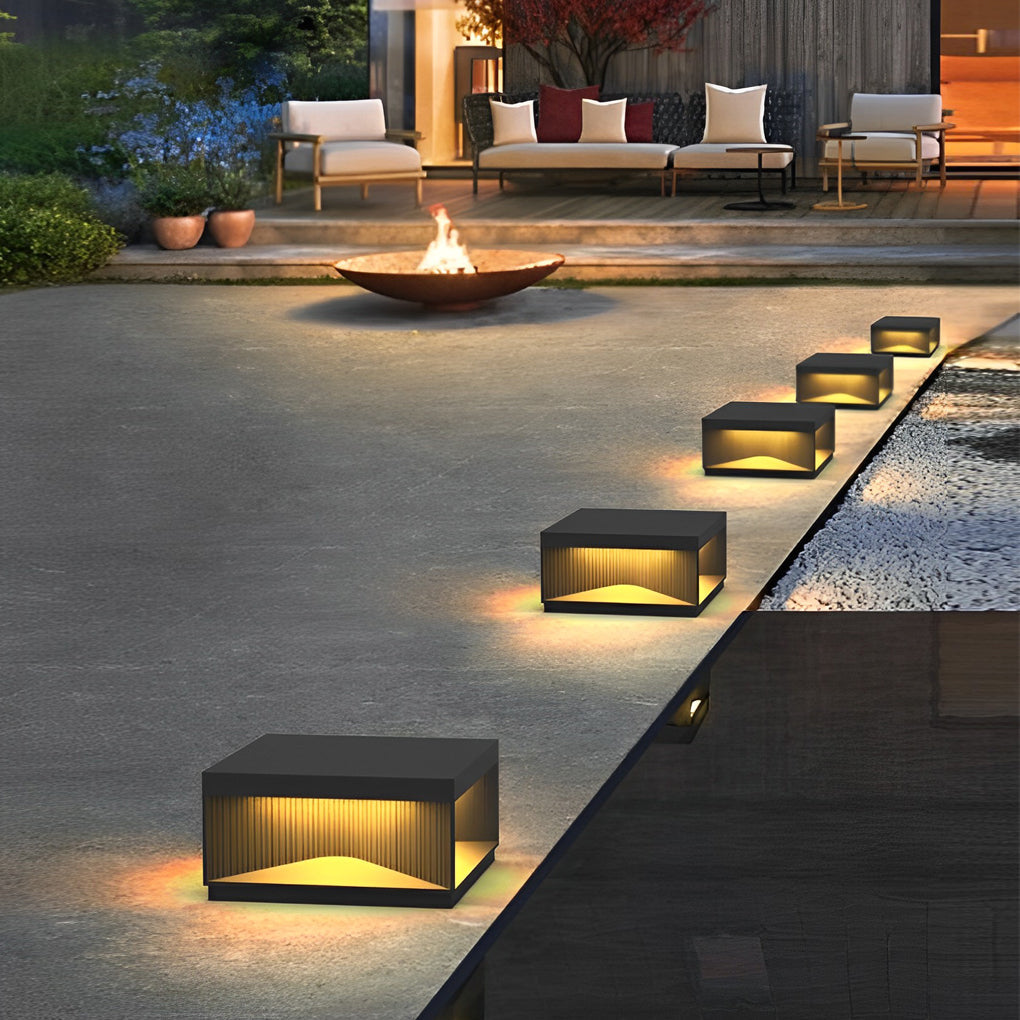 [Open-Box]Square Metal Striped Decor LED Waterproof Black Solar Fence Post Light