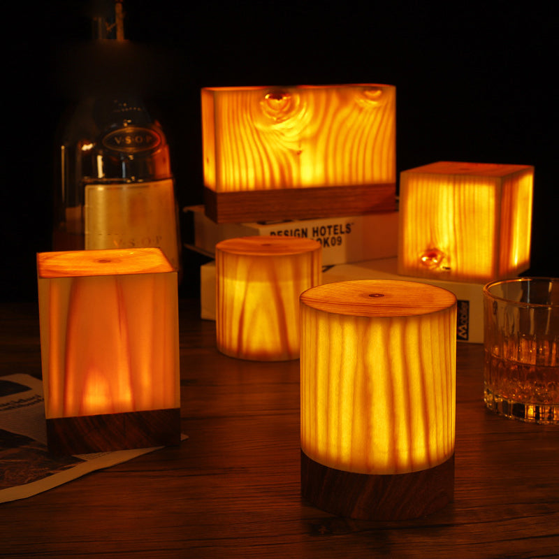 Square Wood Lamp Modern LED Cube Wood Grain Decorative Lamp