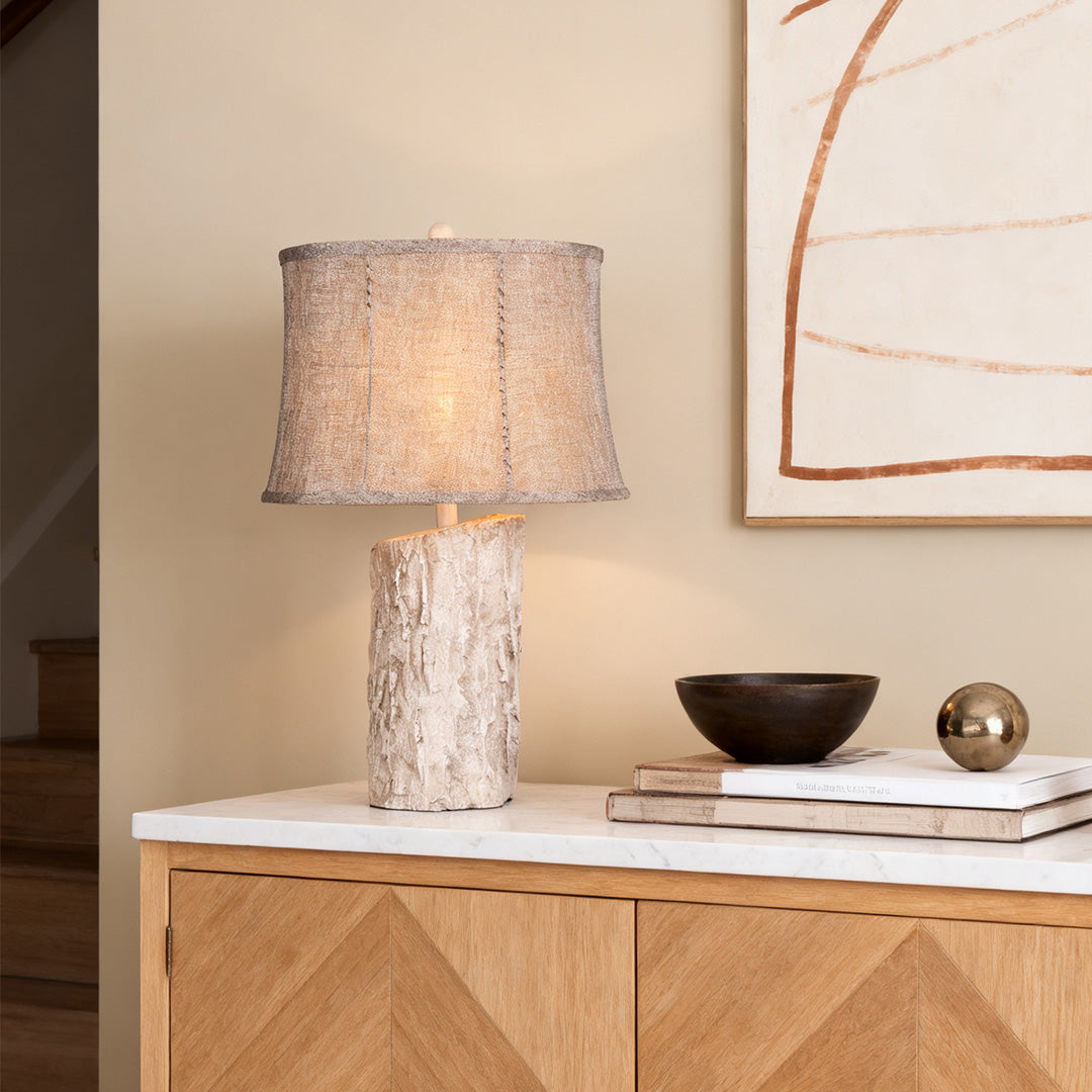 White Wood Table Lamp Realistic Bark Fabric Shade Ambient Lamp