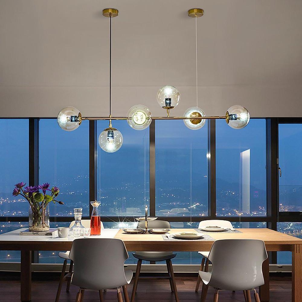 Nordic Linear Ceiling Lights Glass Globe 4/6 Heads Chandelier