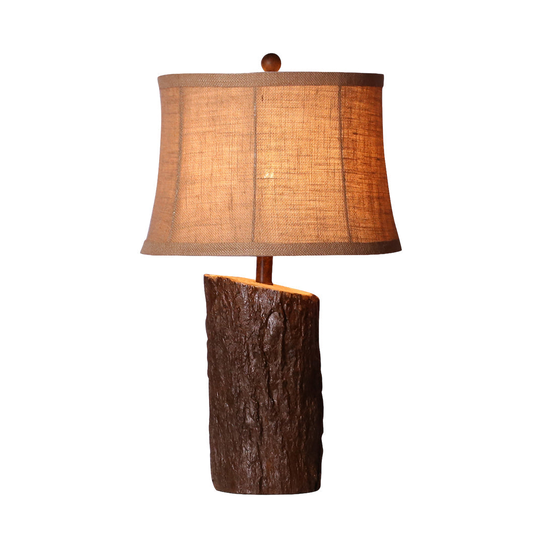 Faux Wood Table Lamp Bark-Textured Fabric Shade Nightstand Light