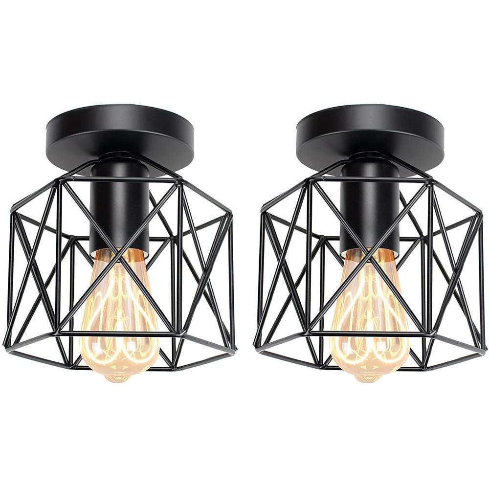 Wire Frame Lantern Outdoor Semi-Flush Mount Light Traditional LED Ceiling Light