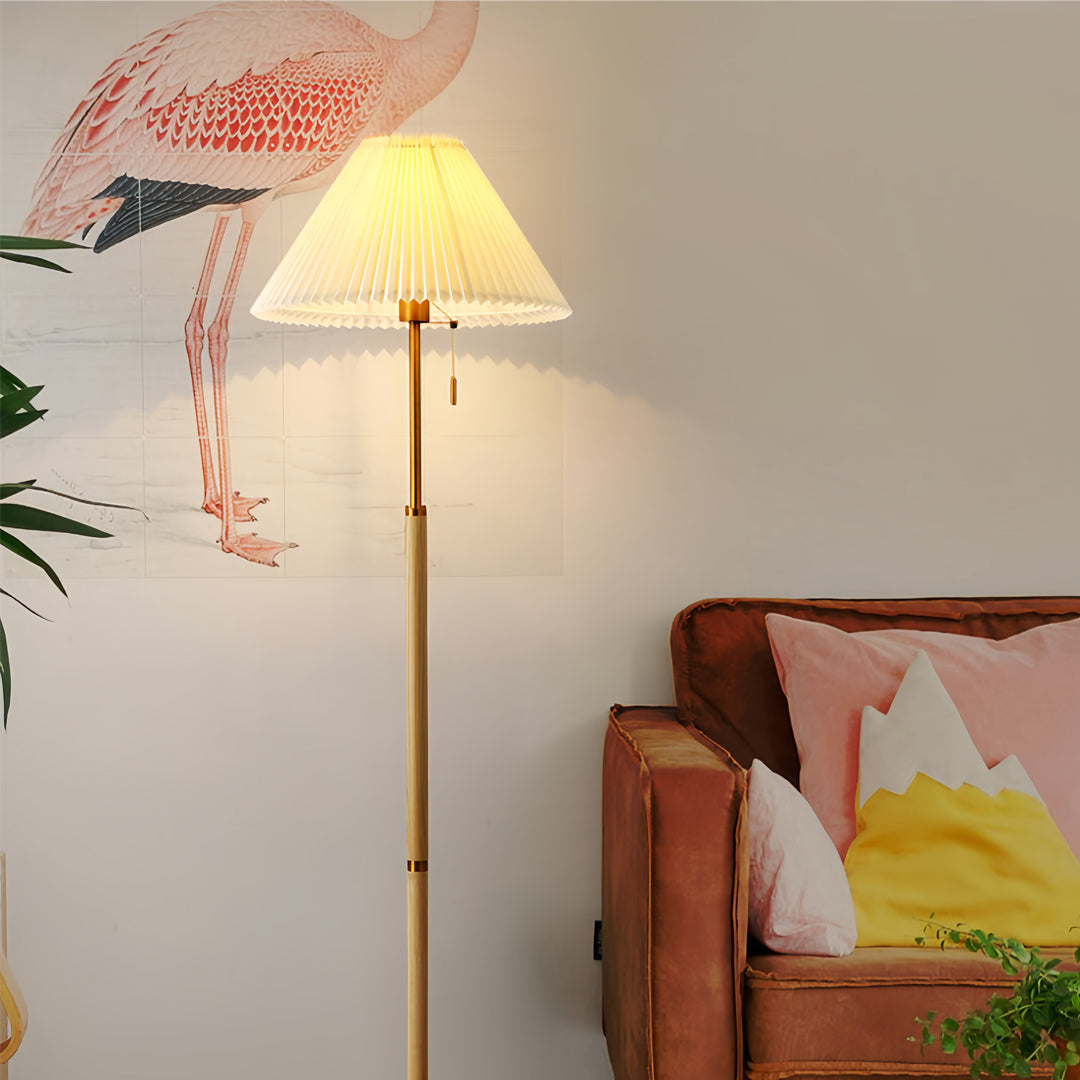Floor Wood Lamp Pleated Fabric Shade Standing Lamp
