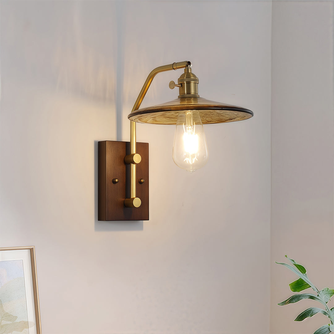 Glass Wall Lights Japanese Retro Wave Iron Body Rubberwood Lamp