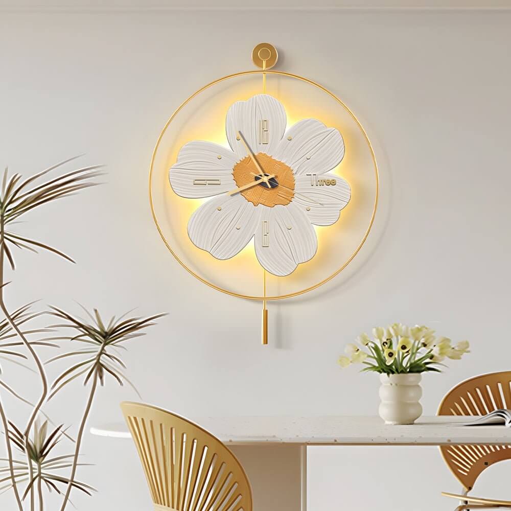 Wall Clock with Light Floral LED Remote‑control Light