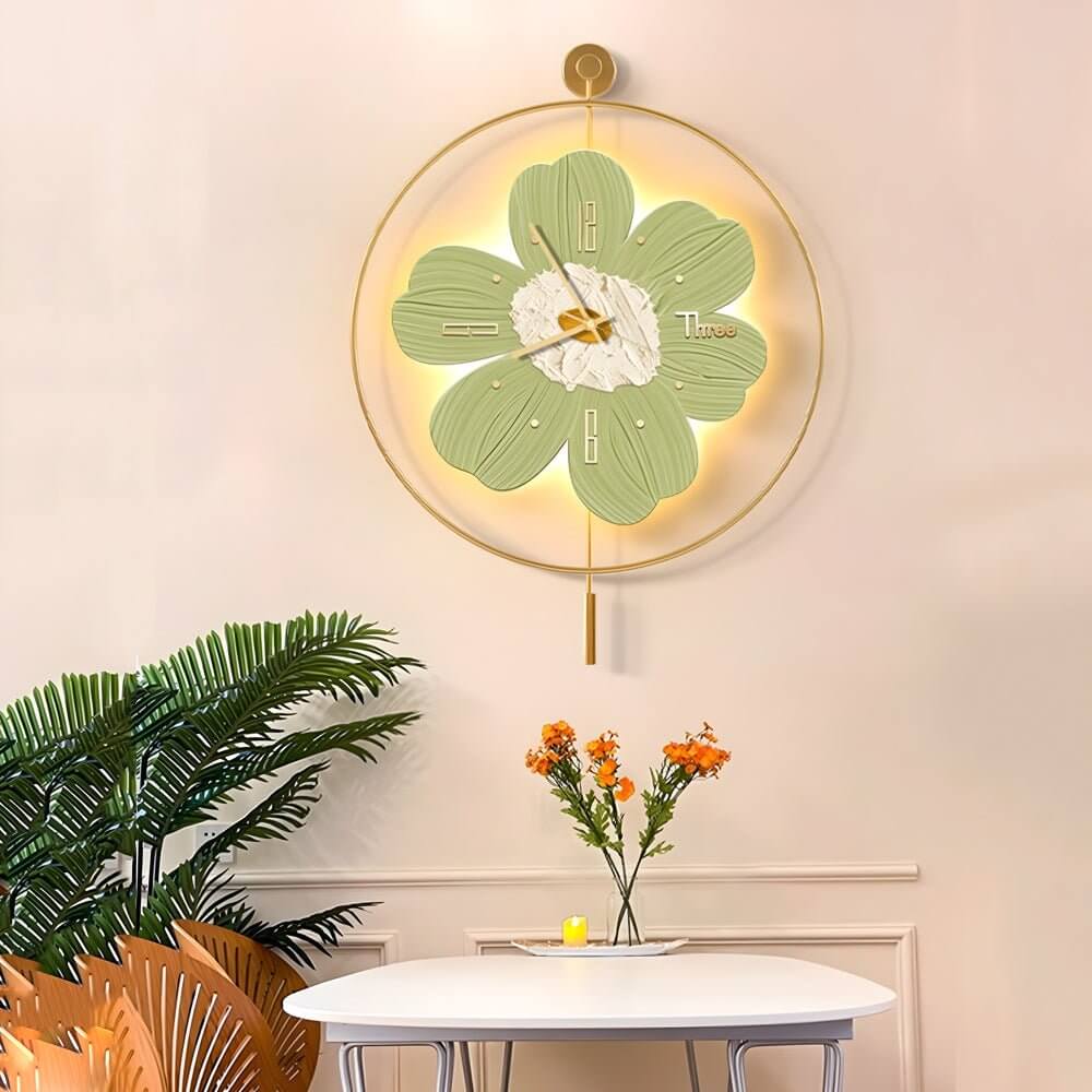 Wall Clock with Light Floral LED Remote‑control Light